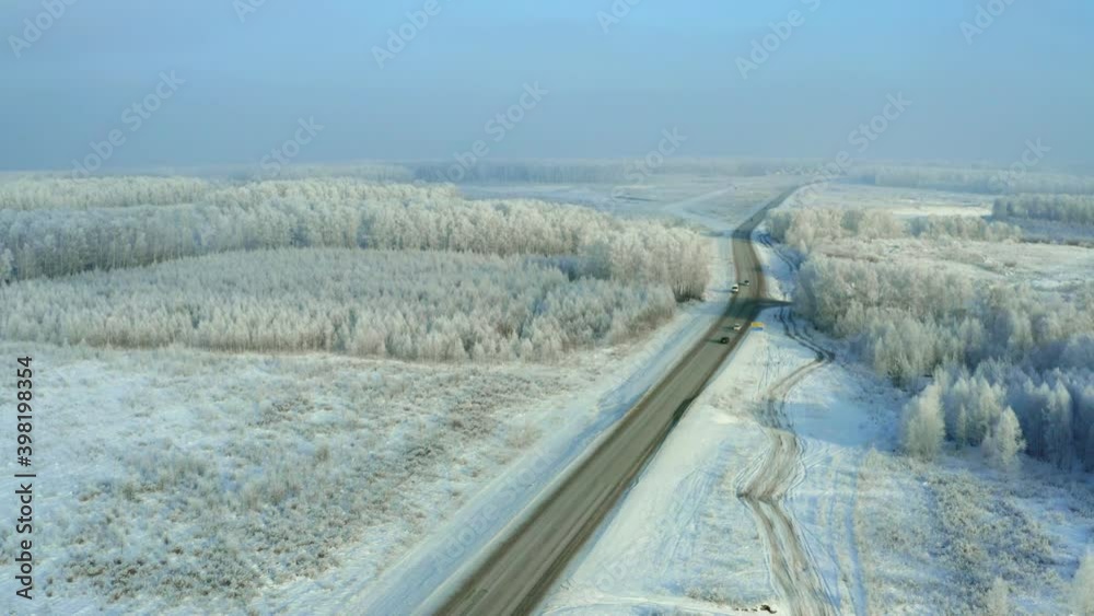 Highway among Siberian fields. Winter landscape. The trees are covered with snow and frost.