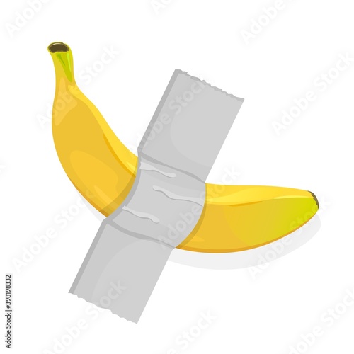 Exotic banana fruit taped with scotch. Vector yellow banana peel, tail and mellow flesh. Sweet, juicy taste of tropical fruit. Vegetarianism idea isolated on white background