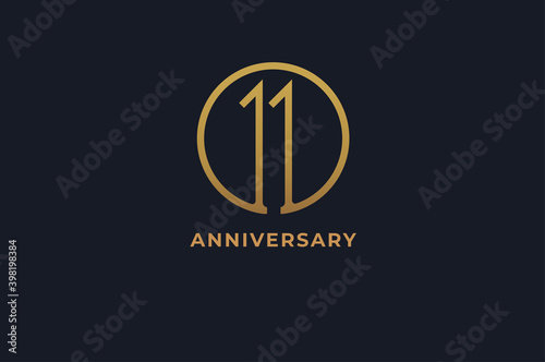Number 11 logo,  gold line circle with number inside, usable for anniversary and invitation, golden number design template, vector illustration