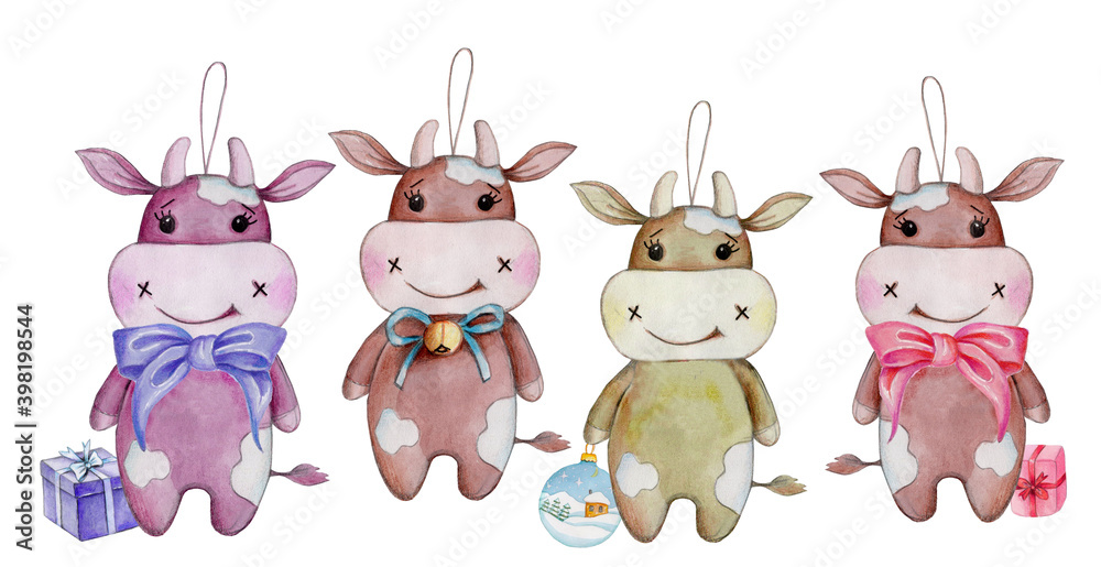 New Year Tree toys, cows and bulls. Colorful watercolor illustration. Isolated on white background.