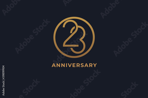 Number 23 logo, gold line circle with number inside, usable for anniversary and invitation, golden number design template, vector illustration