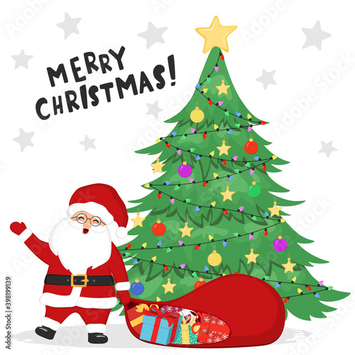 Hand drawn sketch illustration of Santa Claus with Santa bag and gifts boxes, Christmas tree, stars, decoration balls, garlands. Santa pulls the sack. Lettering Merry Christmas. New Year greeting card
