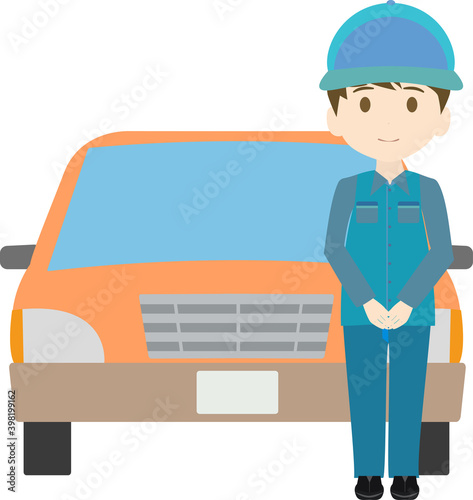 車の前に立つシンプルな整備士のイラスト