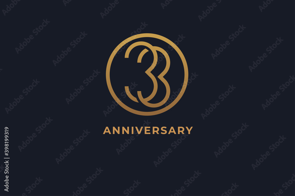 Number 33 logo, gold line circle with number inside, usable for anniversary and invitation, golden number design template, vector illustration Number 33 logo, gold line circle with number inside, usable for anniversary and invitation, golden number design template, vector illustration