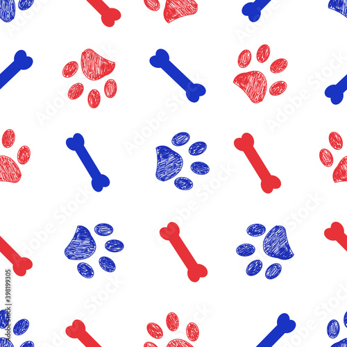 Doodle blue and red paw print seamless fabric design repeated pattern white background