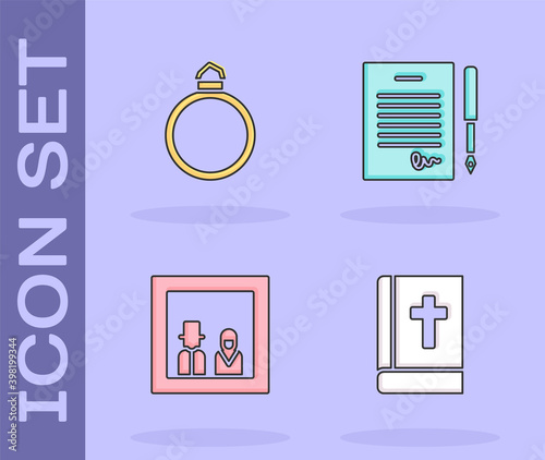 Set Holy bible book, Diamond engagement ring, Family photo and Marriage contract icon. Vector.