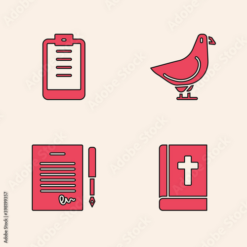 Set Holy bible book, Clipboard with checklist, Dove and Marriage contract icon. Vector.