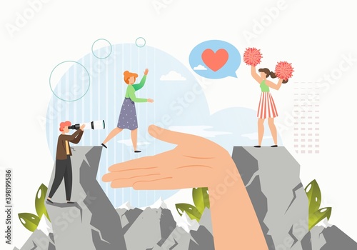 Human hand helping to reach target in business, charity and social support concept flat vector illustration.