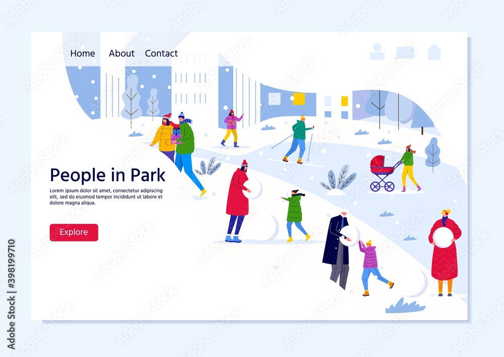 Landing page template with people walk in winter city park, parents walk with children and have fun outdoor.  Vector for web design, flyer, poster, banner, holiday background