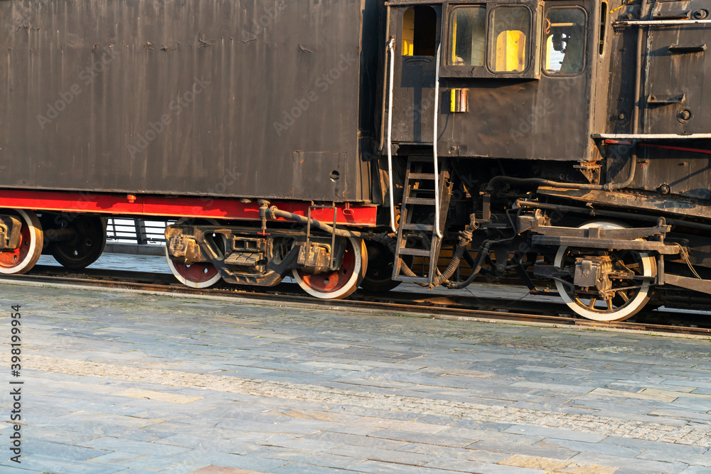 Naklejka premium Old steam engine train and parts close-up