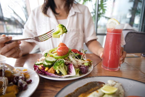 Selective focus of with Broccoli and salad  meal with a Healthy food of salad and detox drink ,Healthy lifestyle photo