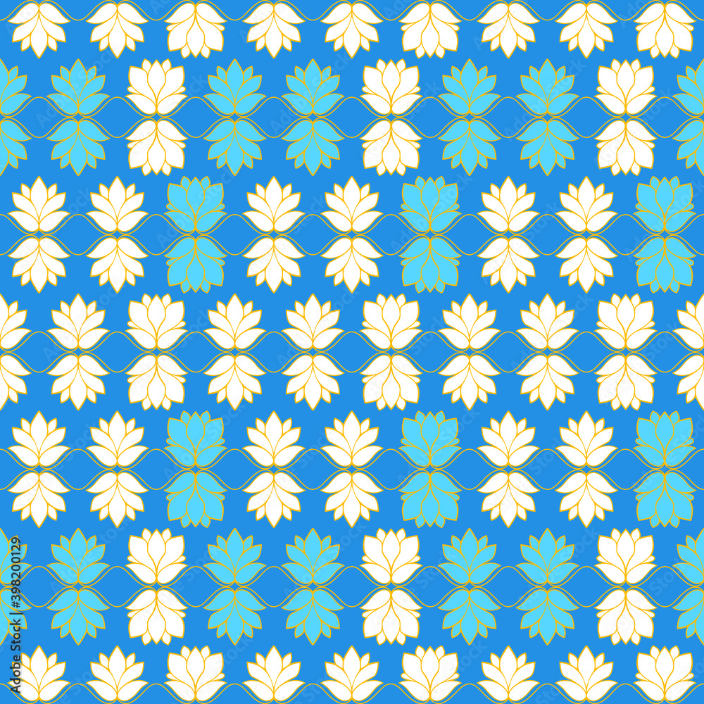 Lotus flower pattern, mosaic style. Seamless pattern. Great for Spring or Summer fabric, scrap booking, gift wrap, wallpaper, tile, dinnerware, product design projects. Surface pattern design - Vector