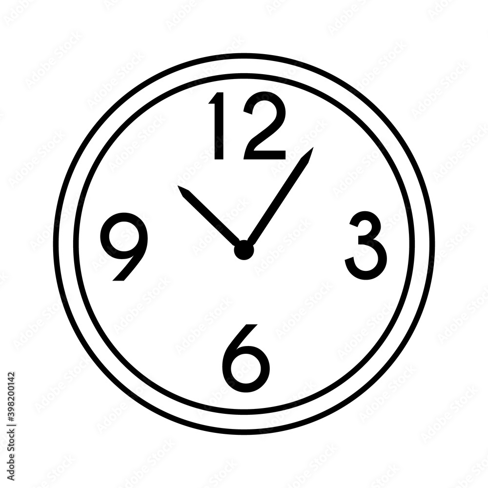 Wall round mechanical clock with hands and numbers 12 3 6 9. Chronograph timekeeping device. Hand drawn flat cartoon home or office decor. Stock vector illustration isolated on white background. Wall round mechanical clock with hands and numbers 12 3 6 9. Chronograph timekeeping device. Hand drawn flat cartoon home or office decor. Stock vector illustration isolated on white background.