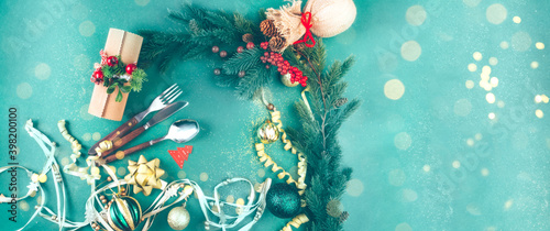Christmas Green Festive Background with Cutlery