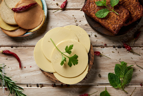 Fototapeta Naklejka Na Ścianę i Meble -  vegan cheese, tofu cold cuts and tofu fillets