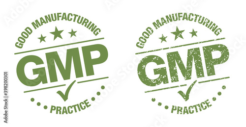 GMP Good Manufacturing Practice, vintage grunge certified round stamp - Vector