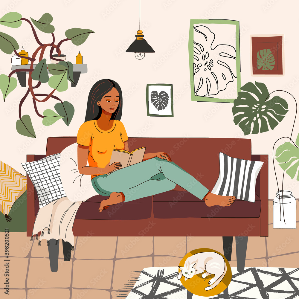 Beautiful girl in home interior with plants, relaxing concepts of home and comfort Beautiful girl in home interior with plants, relaxing concepts of home and comfort