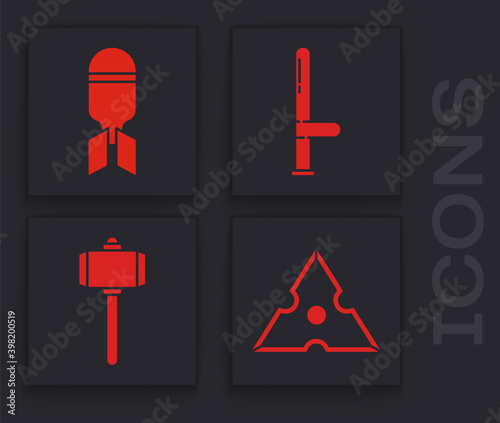 Set Japanese ninja shuriken, Aviation bomb, Police rubber baton and Battle hammer icon. Vector.