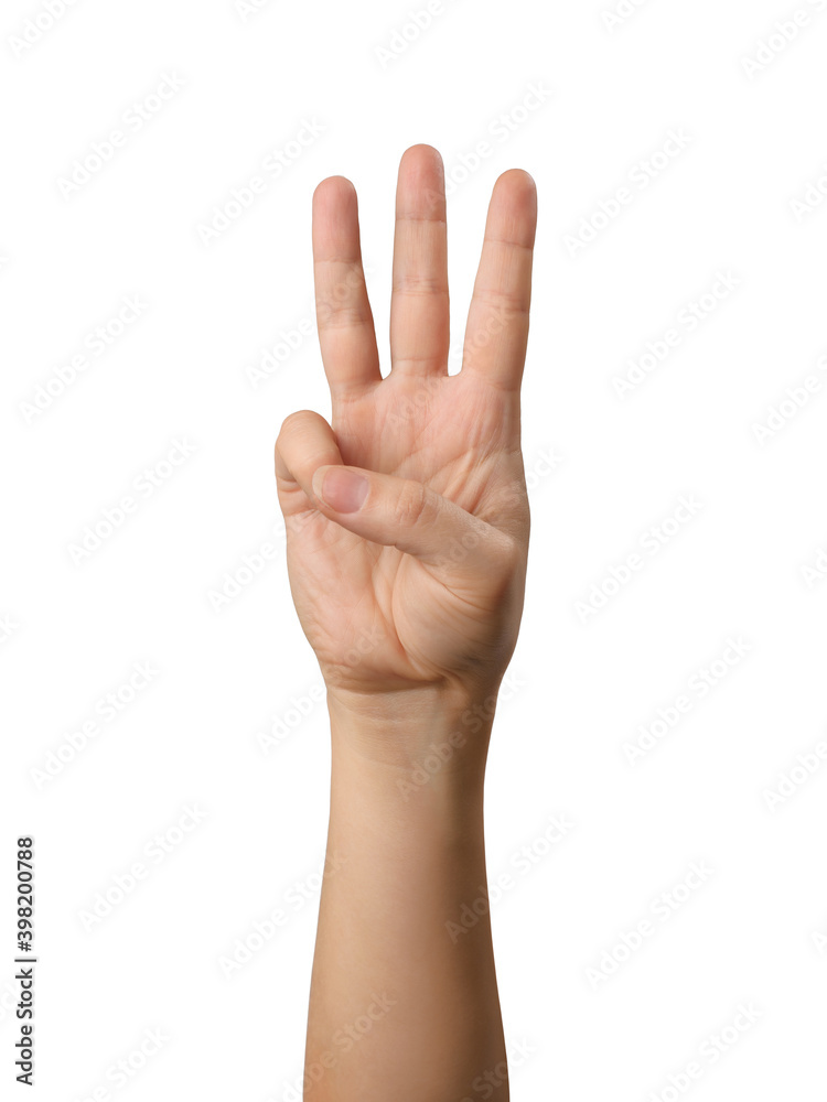 Woman hand showing three fingers. Isolated object Woman hand showing three fingers. Isolated object