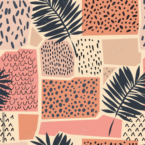 Tropical leaves silhouettes on geometric background with doodles, scribbles, minimal textures.