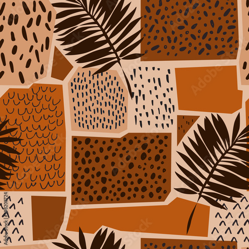 Tropical leaves silhouettes on geometric background with doodles, scribbles, minimal textures.
