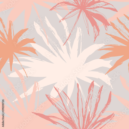 Palm leaves ink sketch  grunge textures seamless pattern.