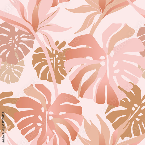 Golden rose blush tropical flowers, leaves seamless pattern.