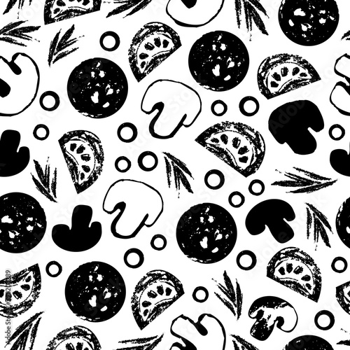 Monochrome seamless pattern with pizza ingredients: mushroom, pepperoni, tomato, olives, herbs with grunge texture.