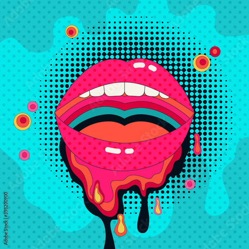 Funky open mouth, dripping paint, polka dots pattern