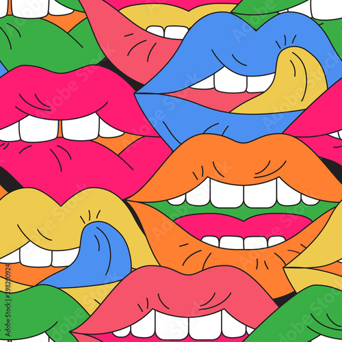 Funky open mouth with teeth, sensual lips, positive emotions seamless pattern .