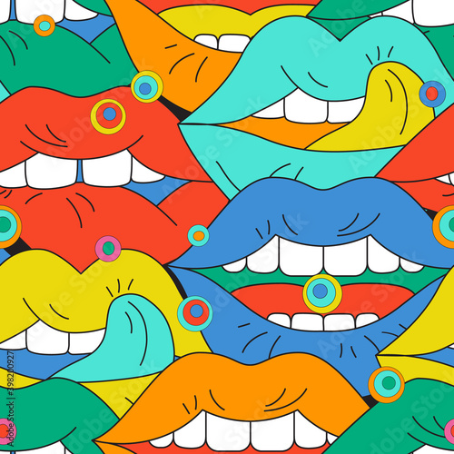 Funky open mouth with teeth, sensual lips, positive emotions seamless pattern .