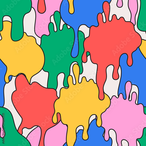 Comic dripping blots background in pop art, graffiti style. Funky paint drips, staines, drops seamless pattern.