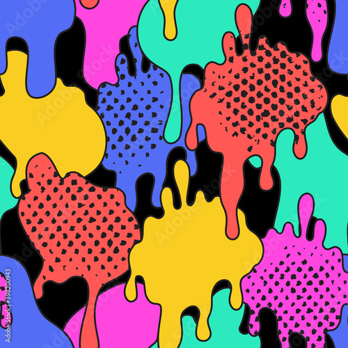 Comic dripping blots background in pop art, graffiti style. Funky paint drips, staines, drops seamless pattern.