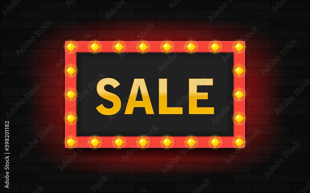 Obraz premium Frame with light bulb and word sale on brick wall background. Modern illustration.
