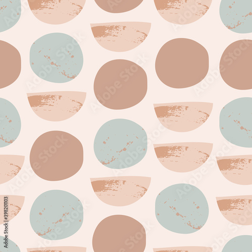 Abstract textured circles seamless pattern. Vector wall print in beige turquoise pastel colors, retro boho style