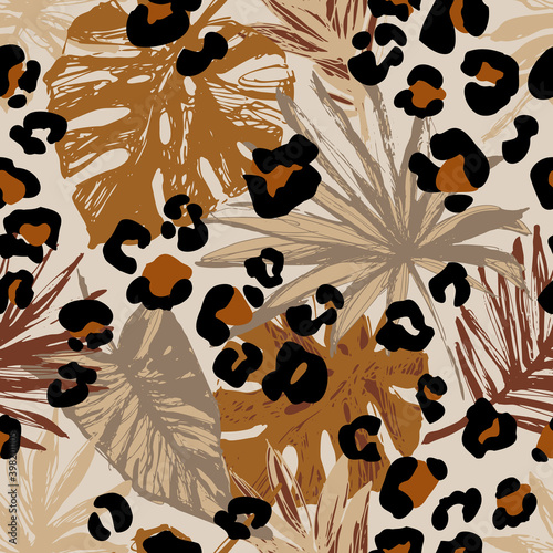 Abstract tropical leaves, grunge leopard camouflage spots background