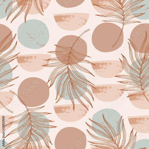 Abstract textured circles, semi circles, palm leaves seamless pattern