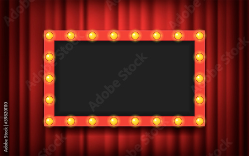 Frame with light bulbs on red theater curtains background. Vector illustration.