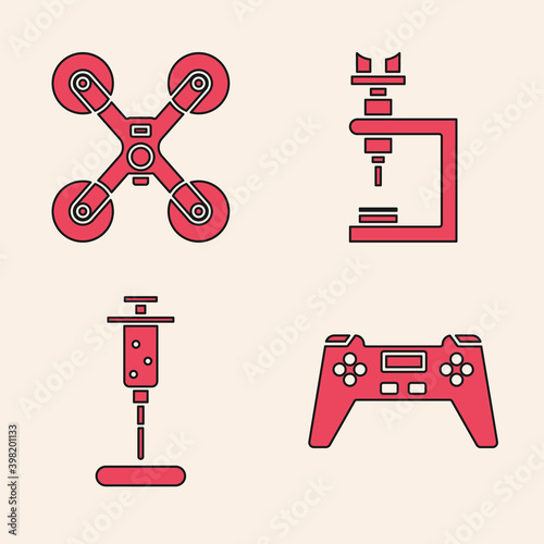 Set Gamepad, Drone flying, Microscope and Syringe icon. Vector.