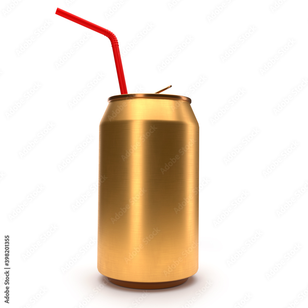 Gold aluminum beer or soda can with red straw isolated on white. Gold aluminum beer or soda can with red straw isolated on white.