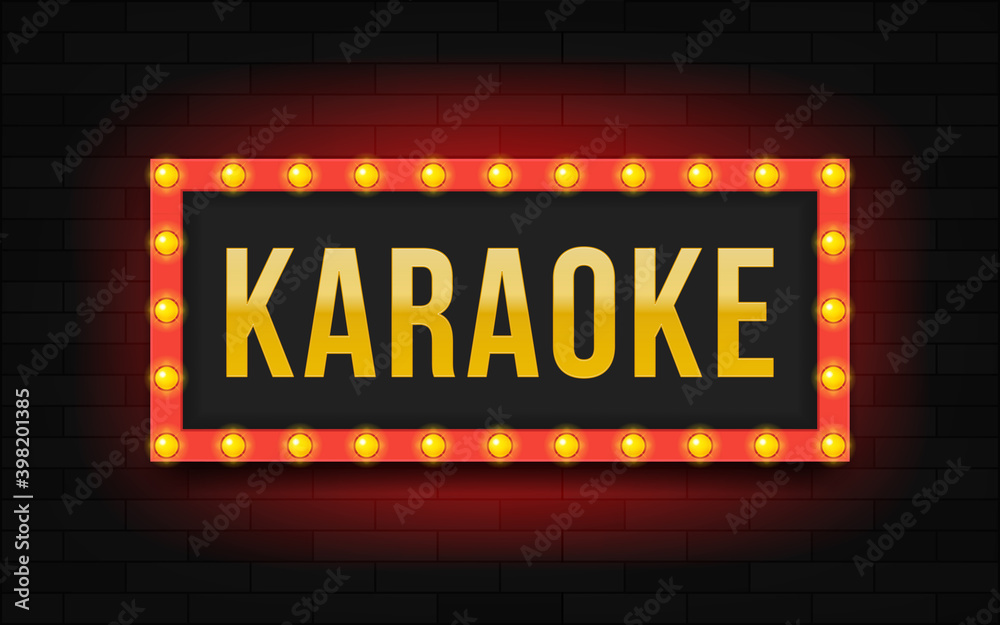 Obraz premium Glowing frame with lettering karaoke. Modern illustration. Frame with neon lights on brick wall.