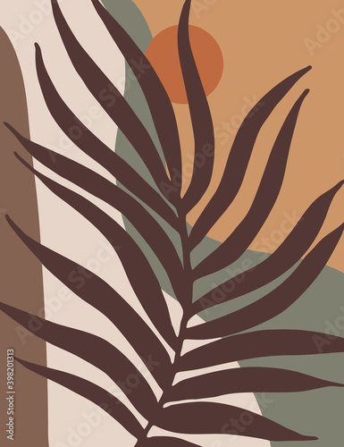 Abstract landscape with geometric shapes, sun, tropical leaves in mid century modern style.