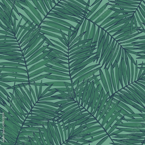 Jungle greenery background for print, textile, fabric, cover design. Dark green tropical leaf in line art style.