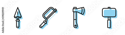 Set line Wooden axe, Trowel, Hacksaw and Sledgehammer icon. Vector.
