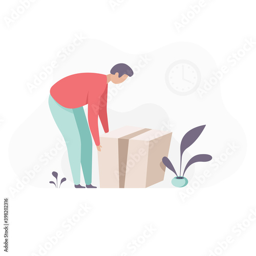 Man lifting cardboard boxes. a man picks up a box from the floor. flat illustration. big package in a box Vector illustration