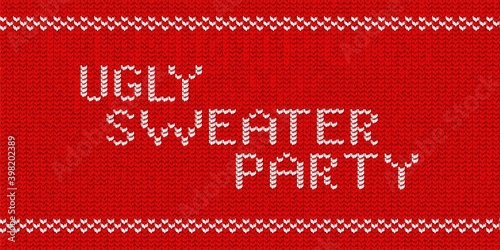 Vector realistic isolated knitted typography logo of Ugly Sweater Party for template decoration and invitation covering on the red sweater background. Concept of Happy New Year.