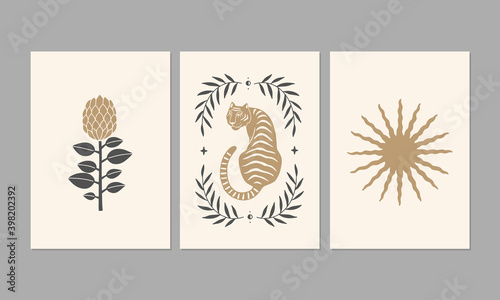 Linocut art. Contemporary aesthetic posters with abstract illustrations in boho style. Great for interior decor, wall art, tote bag,  t-shirt print.