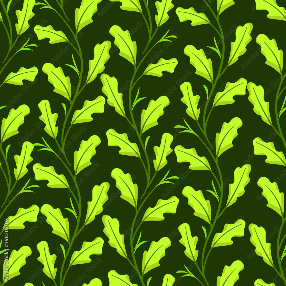 Vector seamless pattern with vertical oak twigs on dark green background; for greeting cards, wrapping paper, packaging, posters, banners.