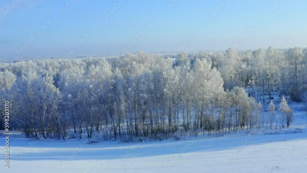 Winter landscape. The trees are covered with snow and frost. Flying over a snowy forest. Trees covered with hoarfrost. Winter landscape. The trees are covered with snow and frost. Flying over a snowy forest. Trees covered with hoarfrost.
