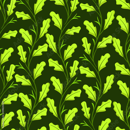 Vector seamless pattern with vertical oak twigs on dark green background  for greeting cards  wrapping paper  packaging  posters  banners.